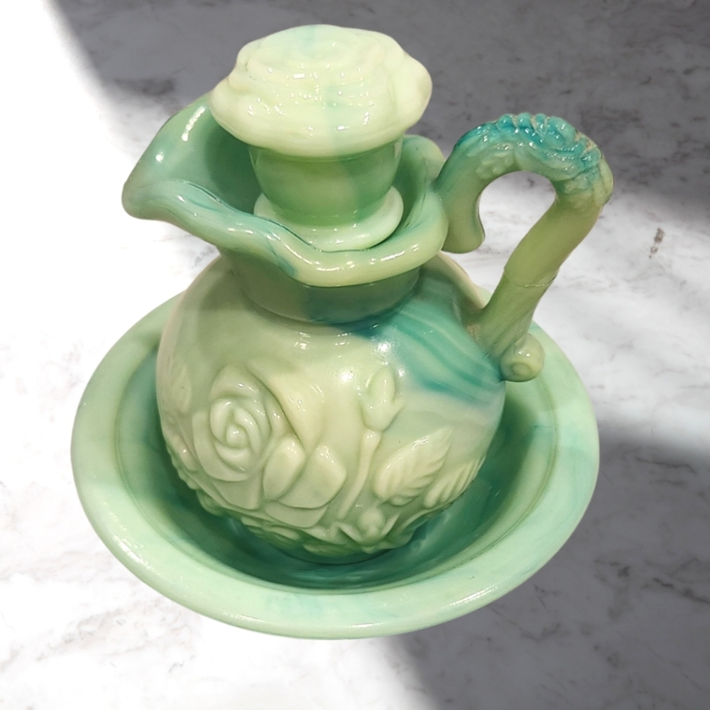 Vintage Avon Jadeite Green Swirl Milk‎ Glass  Pitcher With Stopper and Basin
